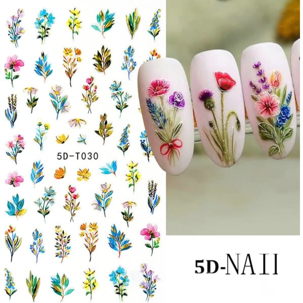 IC Blomma Nail Art Stickers 5D Preget Graverte Negledekaler Vår Sommer Nail Art Tilbehør Blomster Leaf Rose Tulip 4 STK