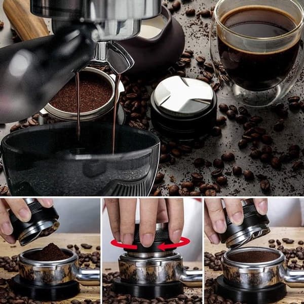 Espresso kaffedistributør, rustfritt stål, 53 mm, svart og sølv, for espressomaskiner og kaffebarer