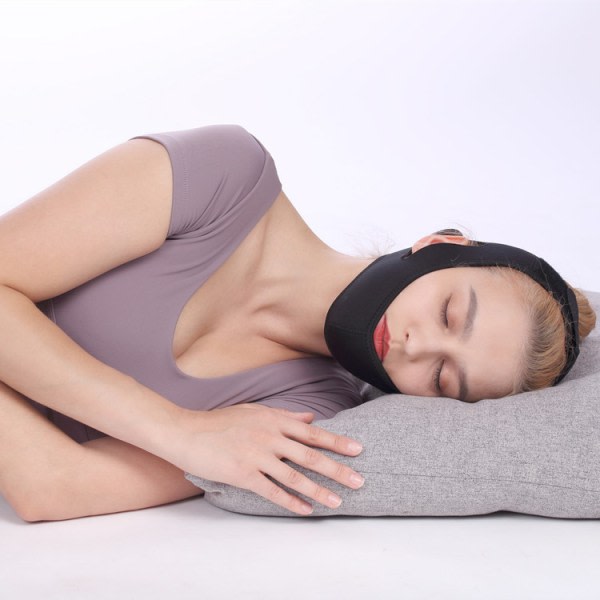 IC Anti-snorkning hagerem, snorkningsløsninger Effektiv anti-snorkningsenhed, justerbar åndbar pandeband mod snorken, mænd kvinder, sort (2 dele)