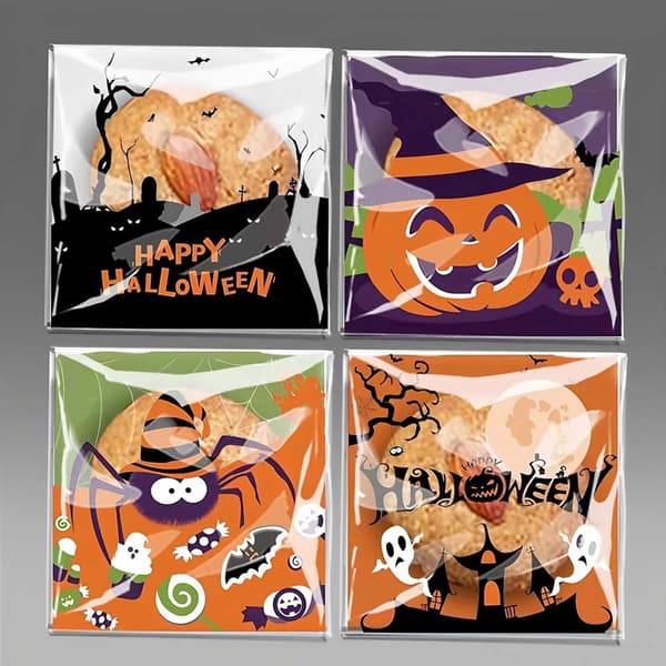 Halloween Godispåsar, 300-pack Självförslutande Polypropylen Godispåsar, 4 Designer för Barns Halloweenfester, 10 x 10 x 3 cm
