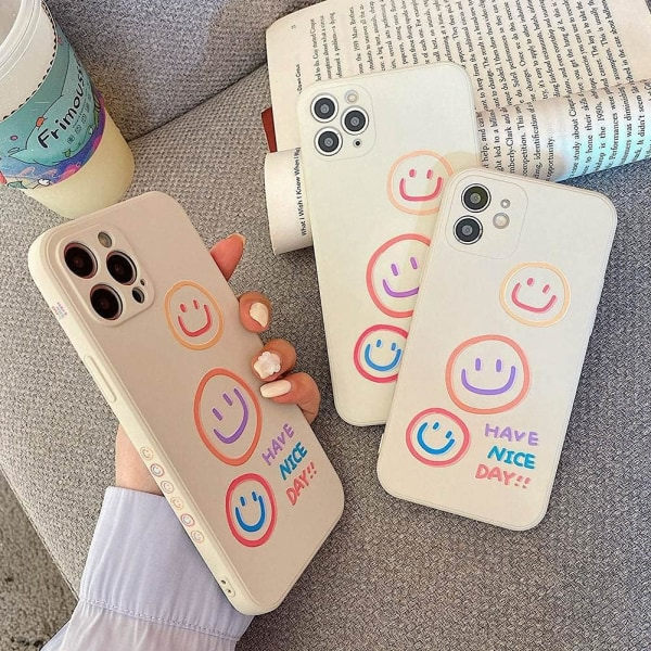 IC Söpö hymykuvioinen iPhone 12 Pro -kotelo, Silikon Slim Fit [Pehmeä anti-naarmu mikrokuituvuori] Joustava 6,1 tuumaa (Beige)