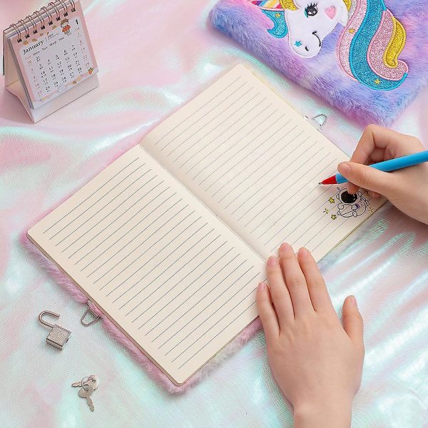 Pigebørn Unicorn Hemmelig Dagbog med Lås og Nøgle Fuzzy Plush Journal Notebook Julegave
