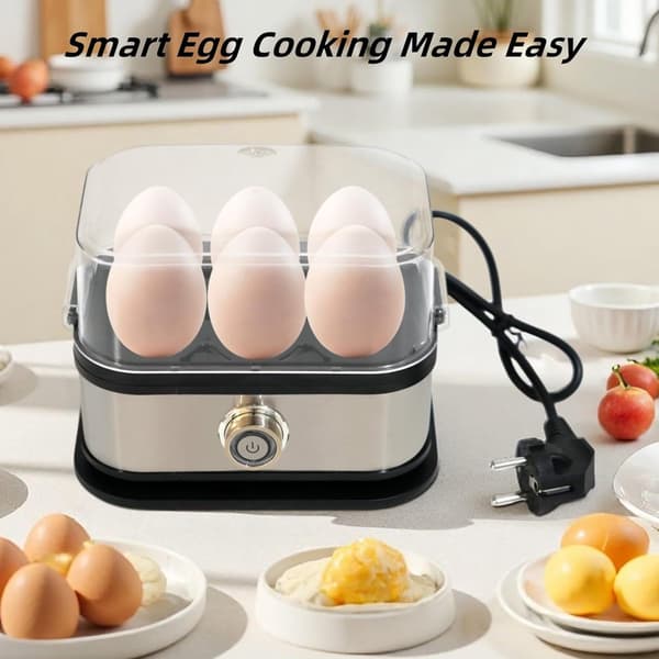 Elektrisk eggkoker, 6 egg kapasitet, rustfritt stål og PP, automatisk avslåing, bløtkokt, medium og hardkokt, hjemmefrokost