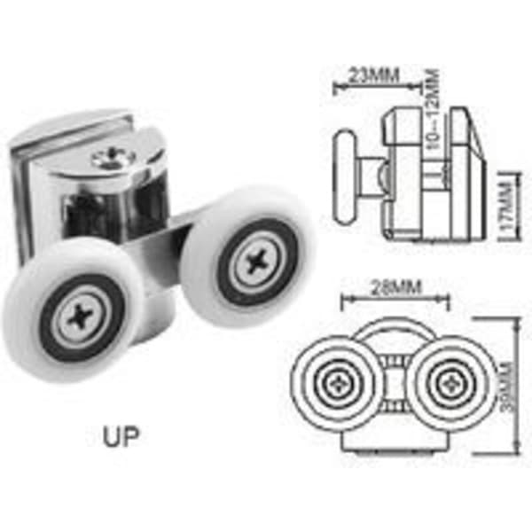 Sett med 4 doble ruller - for skyvedusjdør, 2 hjul 23 mm diameter sinklegering bad..DEBUNS