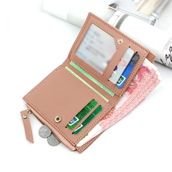 IC Lille pung til kvinder, Slank læder Bifold Front Pocket Dame Pink