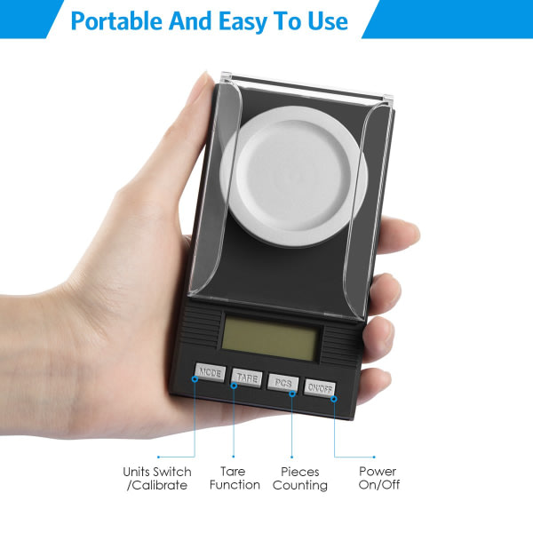 IC Presisjonsvekt, 50g/0,001g, Høy presisjonsvekt, Smykkevekt for lomme, Bærbar digitalvekt med LCD-skjerm, Leveres med kalibreringsvekter