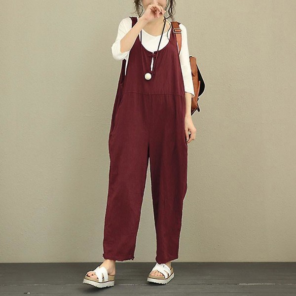 Dame Casual Solid Jumpsuit Løse Baggy Linne Dungarees Bukser Playsuit Overall Romper Vinrød S