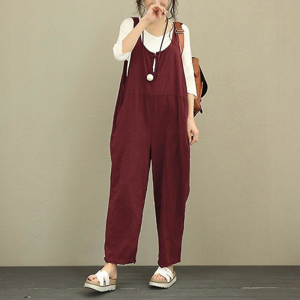 Dame Casual Solid Jumpsuit Løstsiddende Baggy Linnedungarees Bukser Playsuit Overall Romper Vinrød S