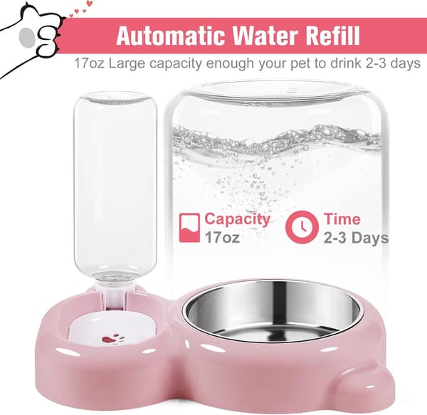2-i-1 Kattefoder- og Vandskål - Automatisk Vanddispenser 500 ml med Rustfri Stålskål - Til Katte og Små Hunde - Pink