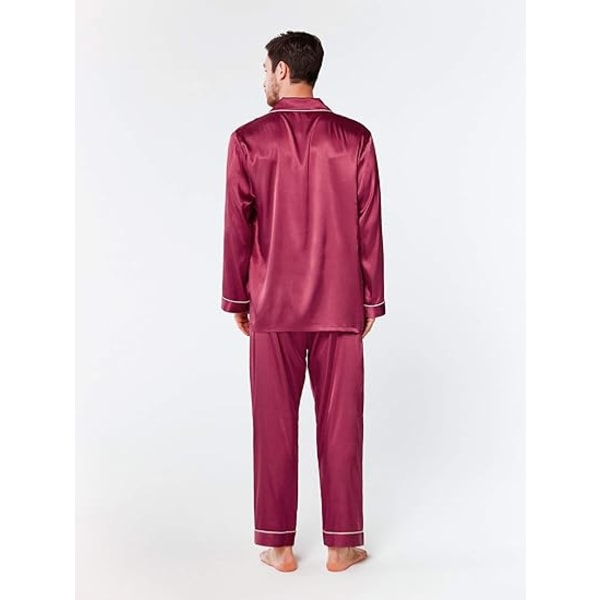 Pyjamasset for män i sidensatin, ångärmad PJ set med knappar og sovkäder i fickor vinrød l