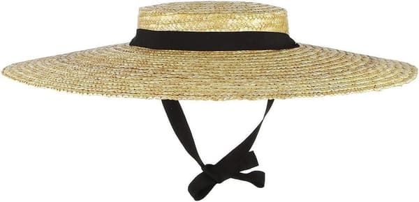 Dame stråbåthatt bred brem flat topp med hakestropp for solbeskyttelse på stranden beige 12 cm brem