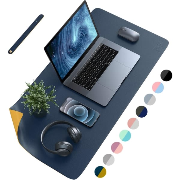 IG Kompakt dubbelsidig skrivbordsmatta i läder - Skrivbordsunderlägg för kontor och Navy Blue/Yellow 23.6" x 13.8"