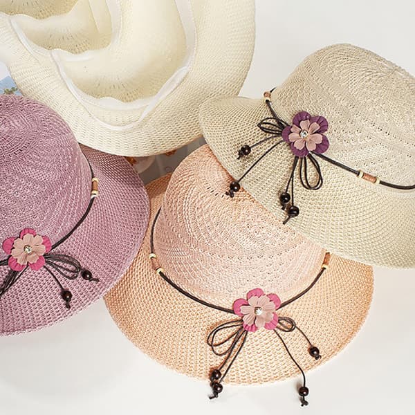 IC Sommarsol Halmhatt Läderrep Blomsterdekor Skål Cap utomhus Pink