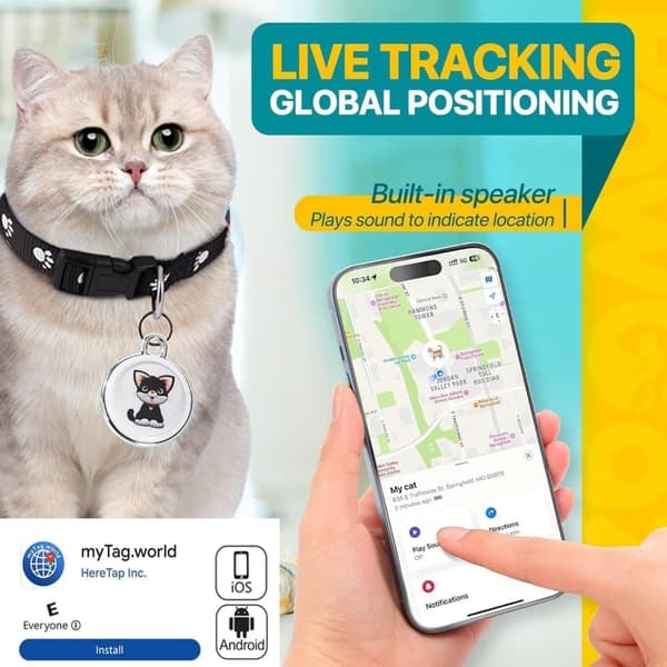 GPS Tracker til Hunde & Katte, Vandtæt Pet Tracker uden Månedligt Gebyr, Kompatibel med Android & iOS Cat