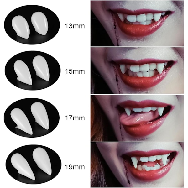 Par Vampire Tänder Tandfästen Cosplay Rekvisita Halloween Kostym Rekvisita Partypresenter med Tandlim (13mm, 15mm, 17mm, 19mm)