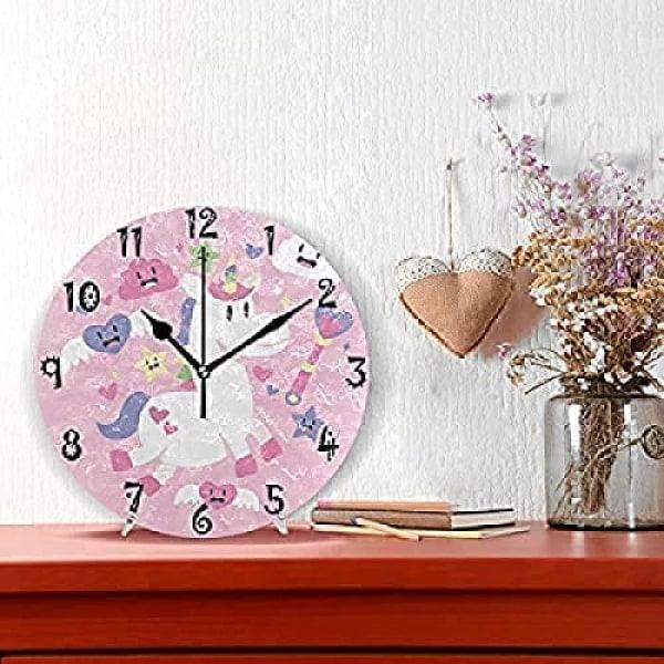IC Art Rosa häst hjärta cirkulär väggklocka rund tallrik tyst icke tickande klocka för kök sovrum hemmakontor skola barn pojkar flickor dekor