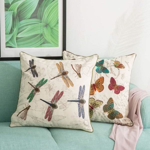 2 kpl maalaismainen pellavainen tyynynpäällinen, värikkäät sudenkorennot ja perhoskirjonnat Dekoratiivinen tyynynpäällinen 18X18 tuumaa