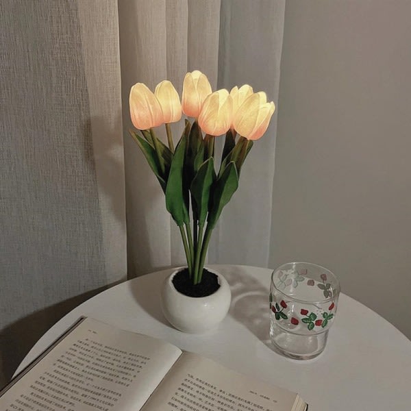 Tulpan bordslampa Skrivbord konstgjord blomma Nattljusbukett med keramikkruka Valkoinen