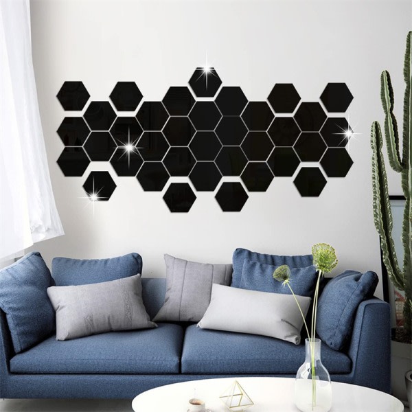 36. 3D-spegel veggdekal Hexagon akryl for hem soveromsinredning svart