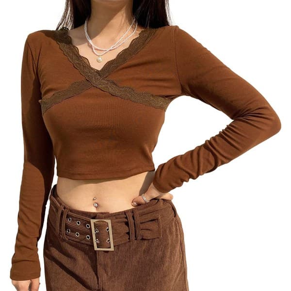 IC Långärmade spetsskjortor för kvinnor Färgblock Patchwork Crop Tops