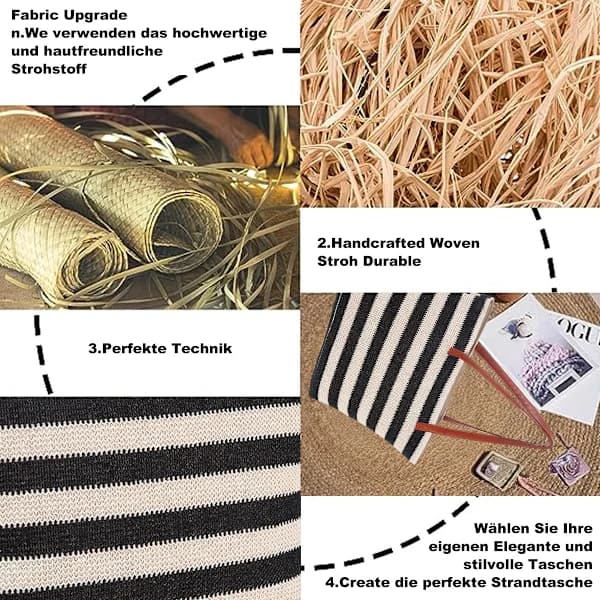 Striped Stitched Straw Bag with Zipper, Perfect