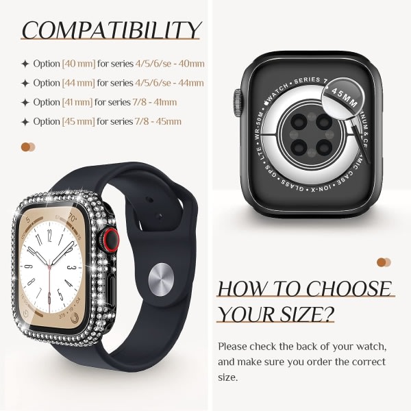 IC Goton 2 i 1 vattentätt Bling- case Apple Watch 40 mm skärmskydd SE (2:a sukupolvi) Series 6 5 4, Full Glitter Diamond 40 mm Svart