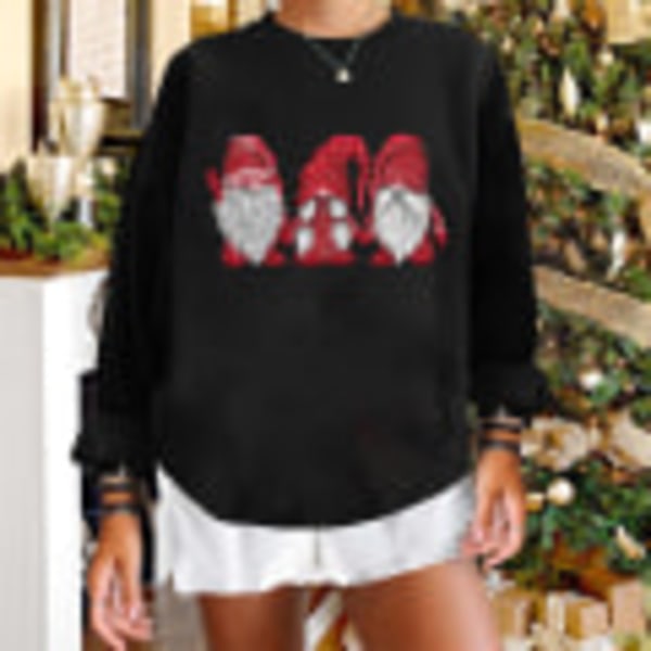 IC Dam långärmad crew Neck Santa Print Fleece Sweatshirt Xmas Black 2XL