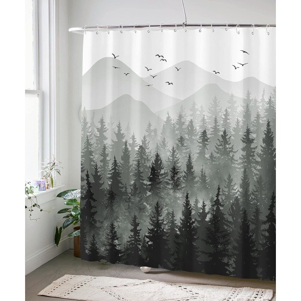 IC Svartvitt Misty Forest Set Grå Grå Ombre Vattentät Tyg Duschdraperier Nature Tree Mountain (72'' × 72'', Svart)