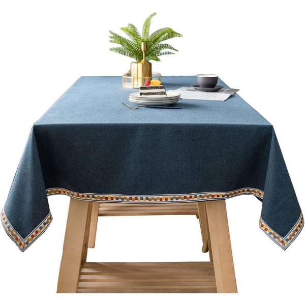 IC Linne strukturerad solid bordsduk med blommönster kant Farmhouse Dammtät bordsduk för kök matbordsdekoration (marinblå, 55x63 tum)