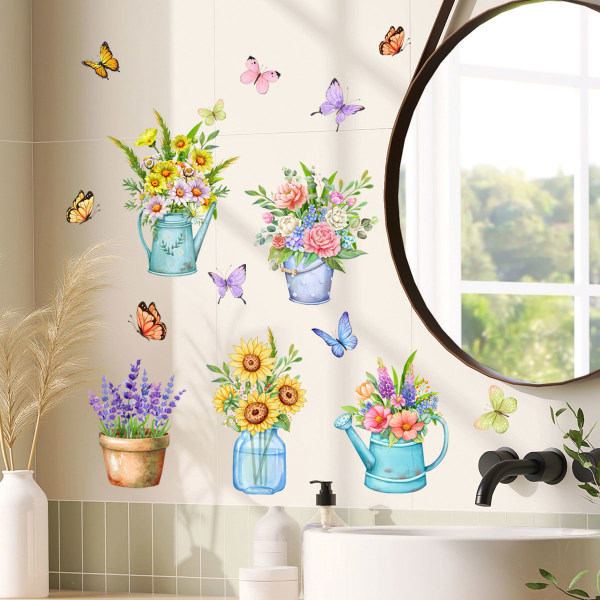 IC-väggklistermärken, växter, blommor, fjärilar i krukväxter, vägg