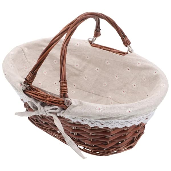 Wicker Picnic Basket - Oval Hand-Woven Storage Basket with Handle and Fabric Lining 1x 1x