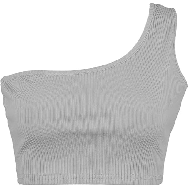 IC Ärmlösa Crop Tops Dam Sexiga One Shoulder Strappy Tees Basic Crop Tank Tops (Grå, XL) XL