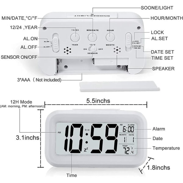 IC Vit digital väckarklocka, tyst batteridriven bakgrundsbelysning, stor LED-display temperaturkalender