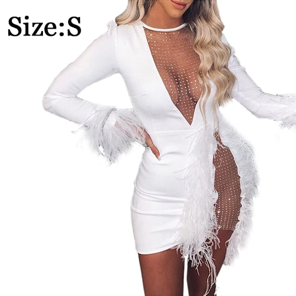 Dame Sexet Klubkjole Langærmet Dyb V-Hals Fest Minikjoler Fjer Paillet Bodysuit - Hvid