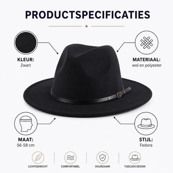 Uld Fedora Hat til kvinder, bredskygget Panama-stil filthat med spændebånd, elegant solhat til alle årstider til bryllup, strandrejser, sort