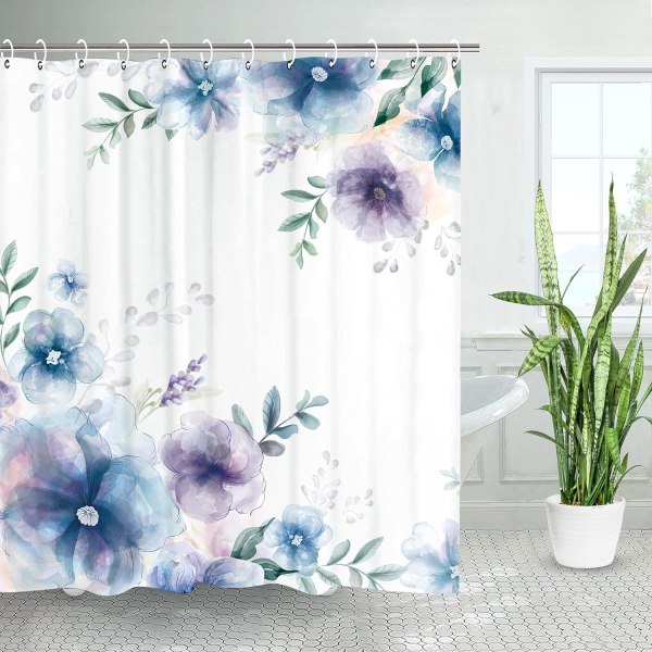 IC Blå lilla blomster bruseforhæng, blomstrede bruseforhæng sæt med 12 kroge, lys akvarel blomster bruseforhæng, lilla, 72''Wx78''H