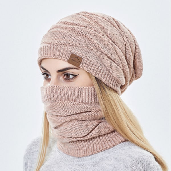 Rosa vinter varm mössa och loop halsduk set med fleecefoder