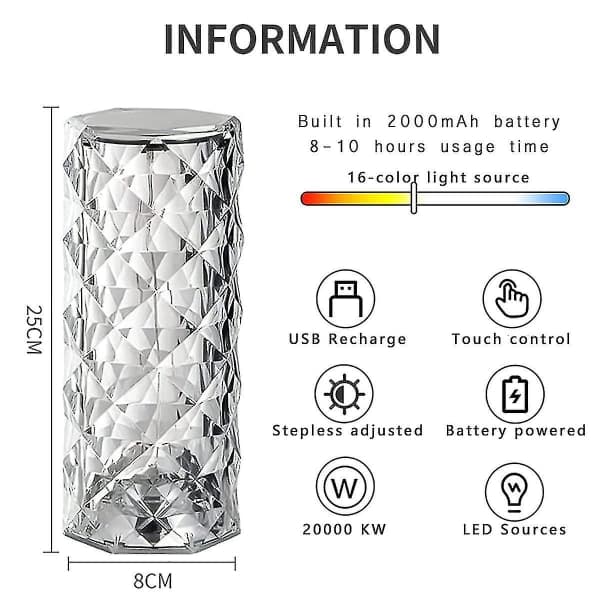 IC CNE Krystal Diamant Bordlampe, 16 Farver USB Opladning