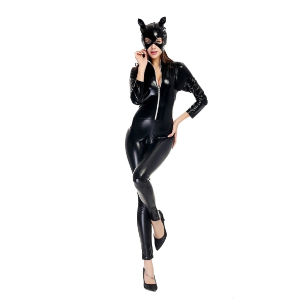 IC Dam PU Läder Catsuit Cosplay Halloween Cat Mask Jumpsuit Z