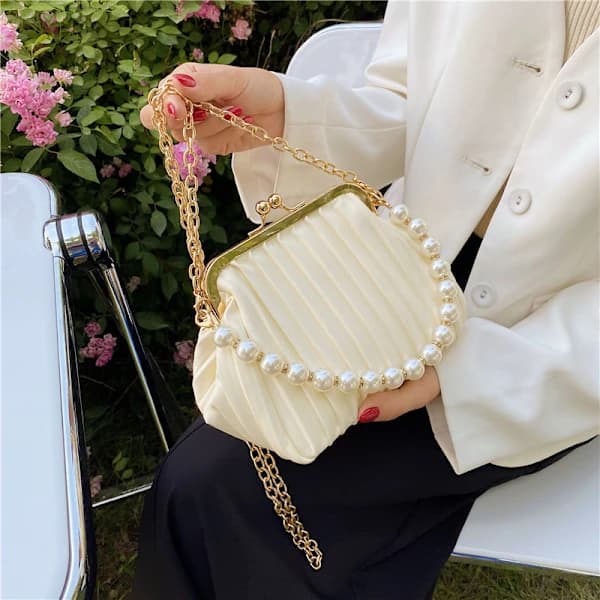 Shell Bag Small Tote with Pearl Handle PU Leather Women's Handbag Chain Shoulder Bag