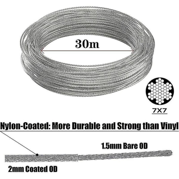 30m mindre stålwire-ophængningssæt, 2mm belagt mindre stålwire med sving og kroge, kompatibel med hængende S, klatreplanter, tøjliner, pe