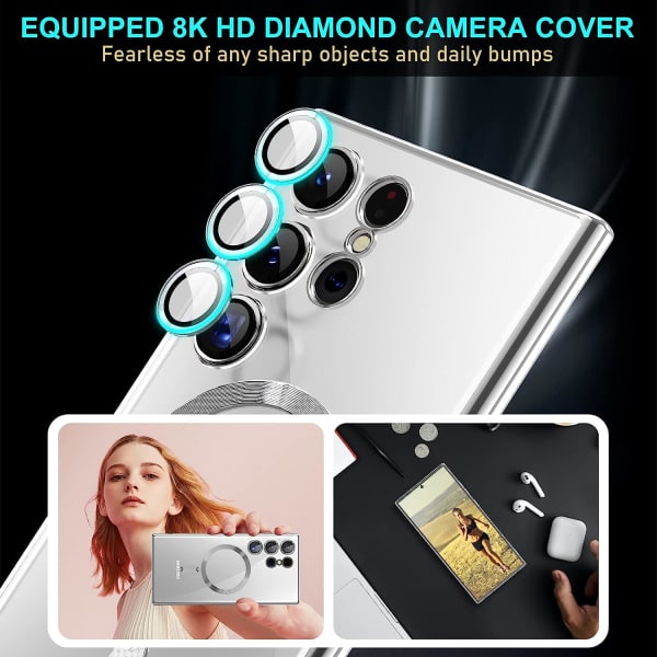 IC för Samsung Galaxy S23 Ultra MagSafe-fodral med kameralinsskydd, magnetiskt transparent fodral för S23 Ultra, Fullt skyddande plätering