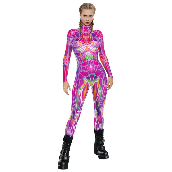 Kvinnor Halloween Cosplay Kostym, Skelett Bodysuit Catsuit Jumpsuit Pink S