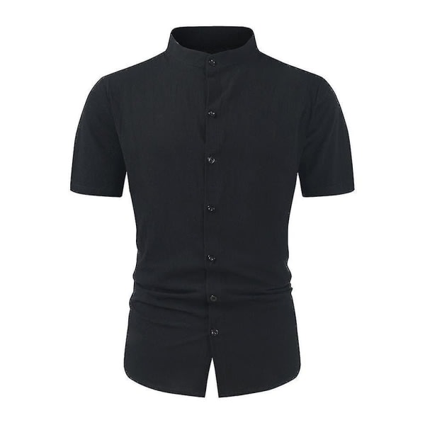 Ståkrage for män Button Down-skjortor Kort bomull Linnelook Strand Casual Snygg sommarskjorta Toppar Black 2XL