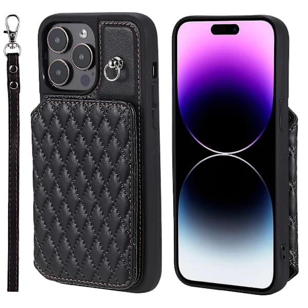 Mobilcover til iPhone 15 Pro Max RFID-blokerende PU-læderbelagt TPU-cover med håndledsrem