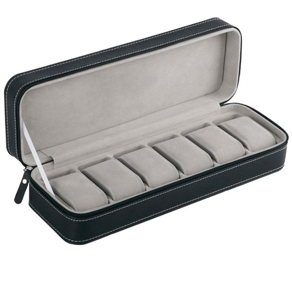IC 6 Fack Klockbox med Dragkedja Organizer Läder Smycken Klockbox