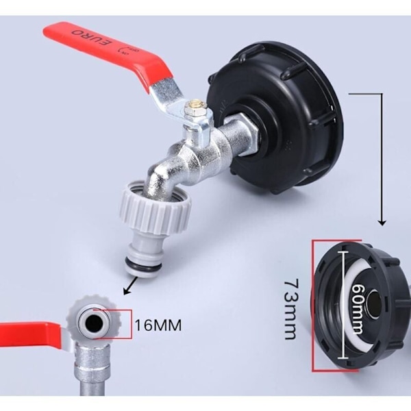 1000L Tankhane med haveslangehaneadapter, S60X6 IBC-hanestik, havehane til regnvandsopsamler (1/2\" plastikadapter)..DEBUNS