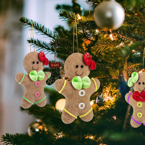 IC 12 cm julgransprydnad, 6 plyschprydnader för pepparkaksgubbar, traditionell julprydnad för pepparkaksgubbar med matchande rosetter