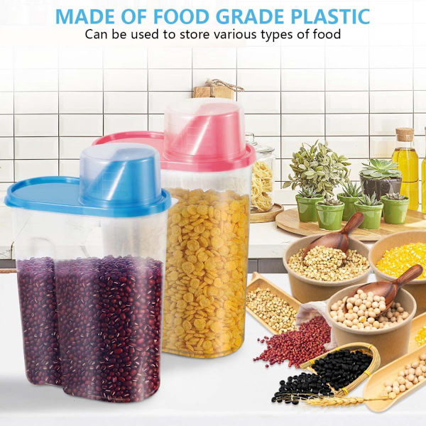Lufttæt opbevaringsbeholdersæt til kæledyrsfoder med målebægerlåg, 2-pak 2,5L ABS tørfoderbeholder til hunde og katte, pink 25x15x8 cm