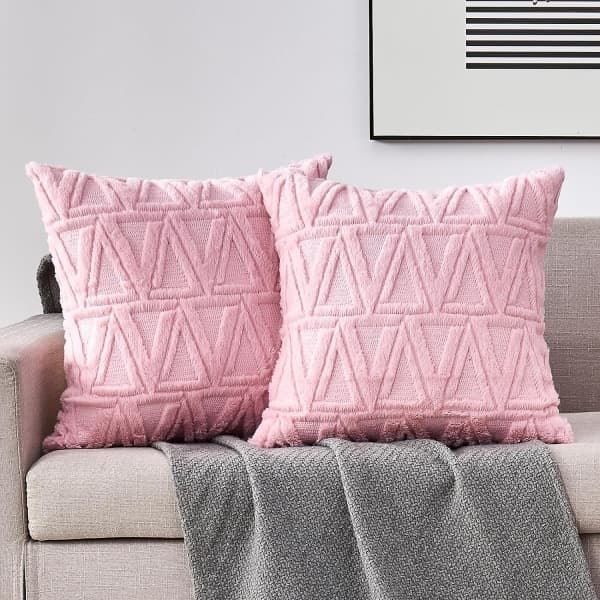 IC Boho pudebetræk 18x18 sæt af 4 til sofa, blødt, kort uld dekorative pudebetræk til stueindretning, rosa